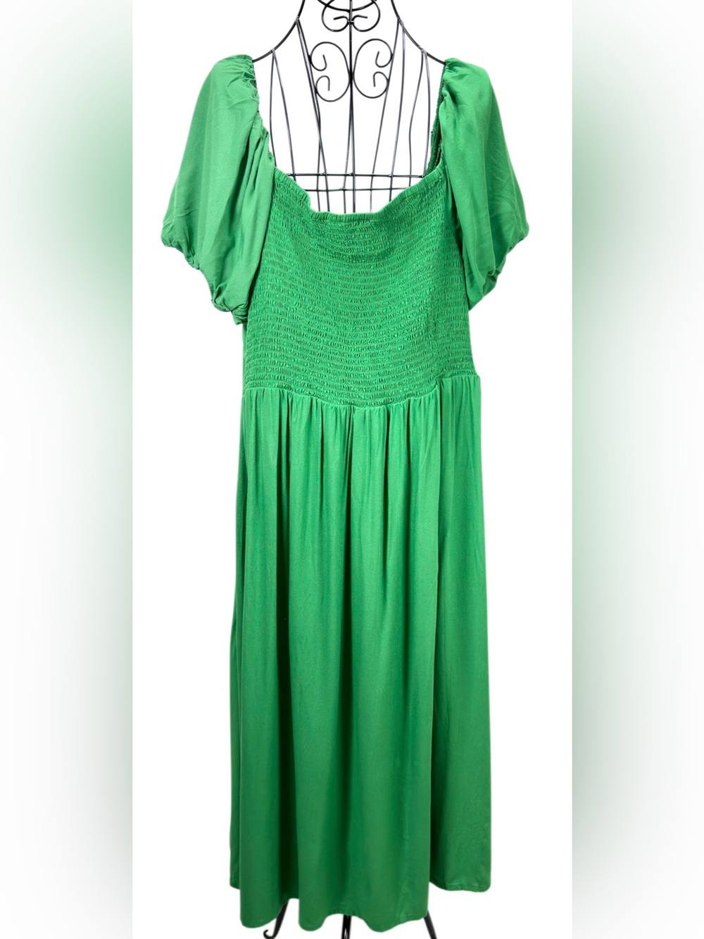 Green Smocked Midi Dress with Puff Sleeves